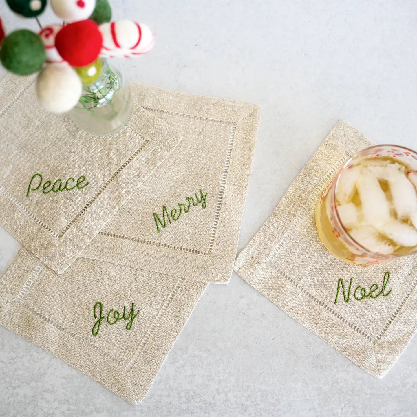 Holiday Word Linen Coasters, Set of Four
