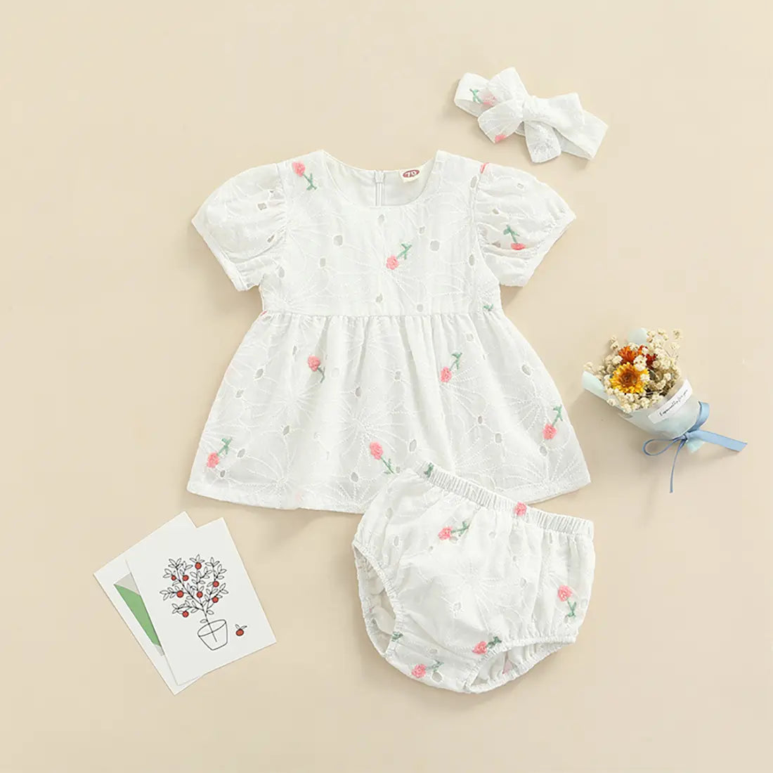 Eyelet Flower Cotton Baby Dress, Bloomers & Headband