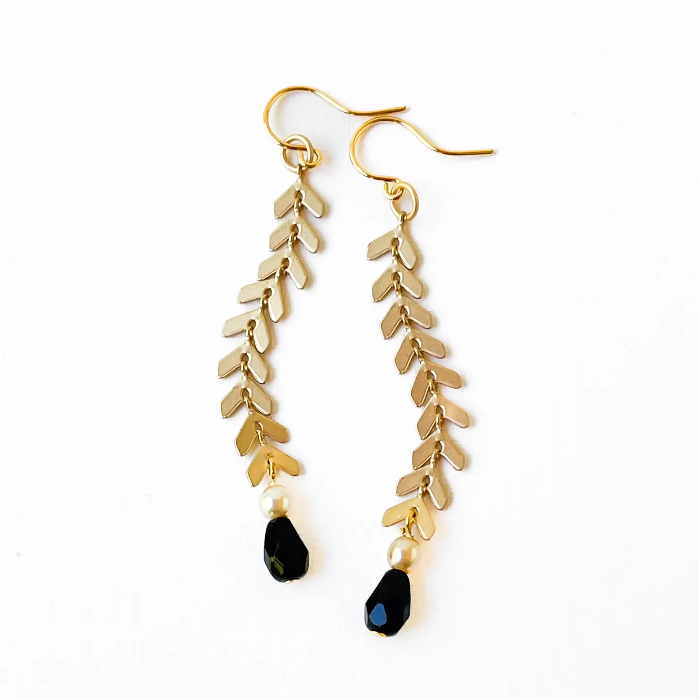 Long Gold Chevron Earrings with Pearl and Black Beads