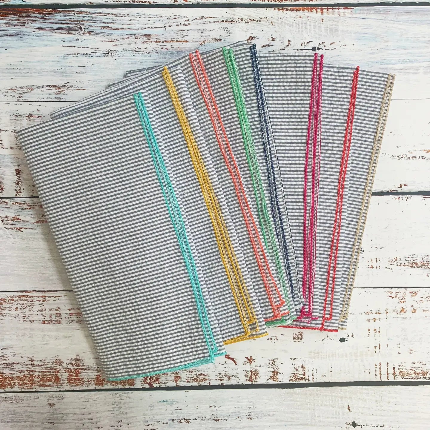 Grey Seersucker Cloth Napkins with Color Edging, Set of 8