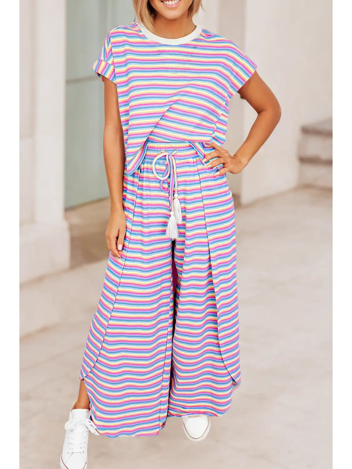 Ldc Stripe Tee Tasseled String Wide Leg Pants Set|Multicolor