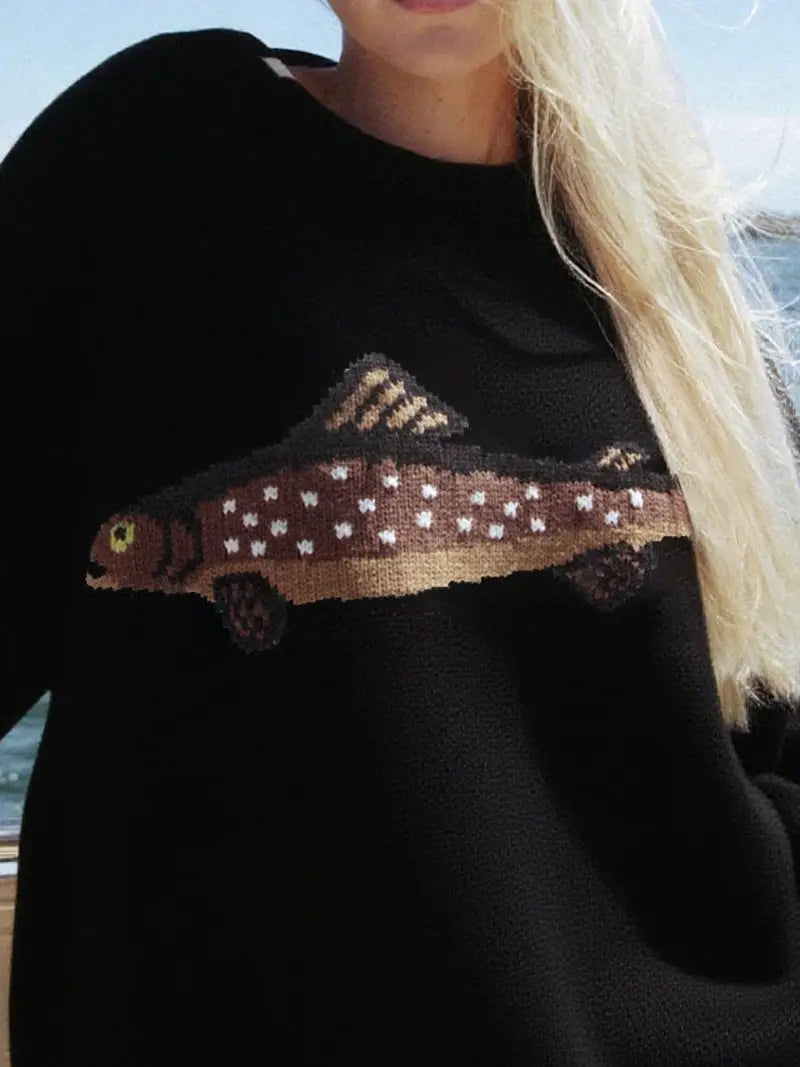 Fish Motif Crewneck Sweater