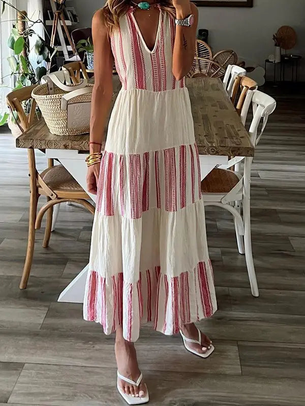 V-Neck Stripe Print Sleeveless Maxi Dress