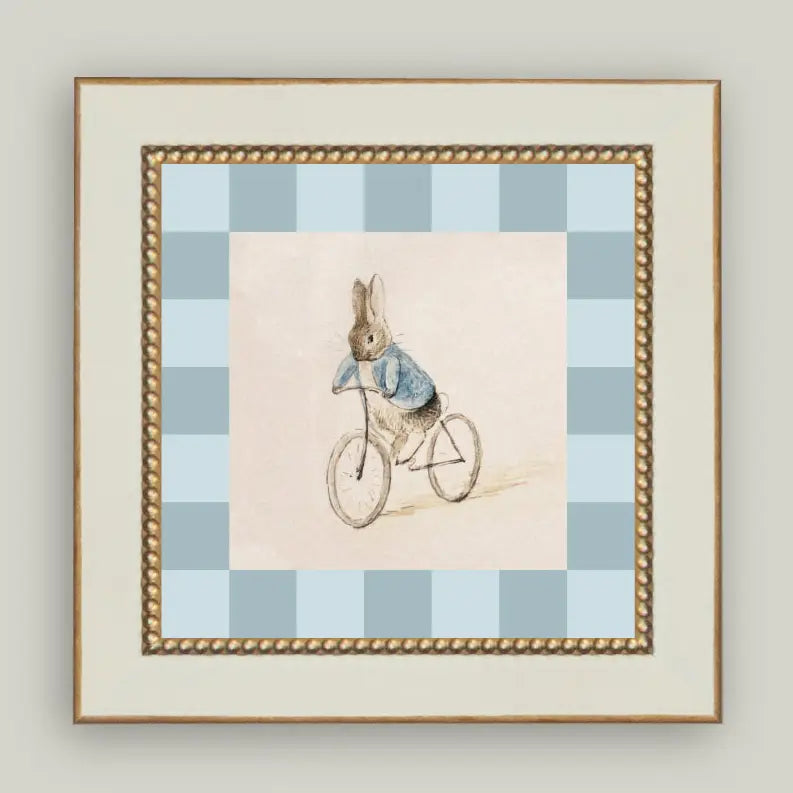 Checkered Biking Bunny Framed Antique Art