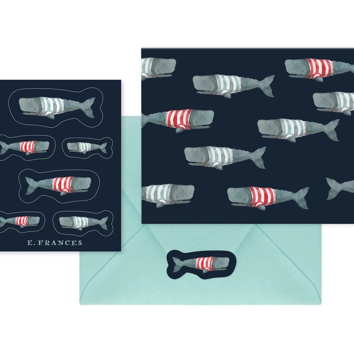 Swimming Frankies Whale Notecard + Sticker Stationery Set