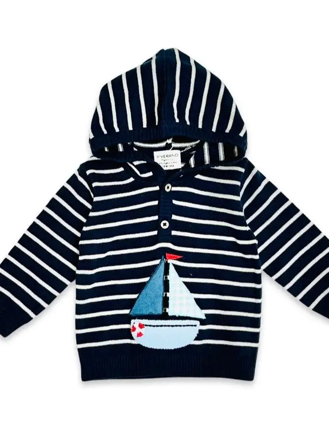 Boat Applique Hooded Baby Knit Pullover (Organic Cotton)