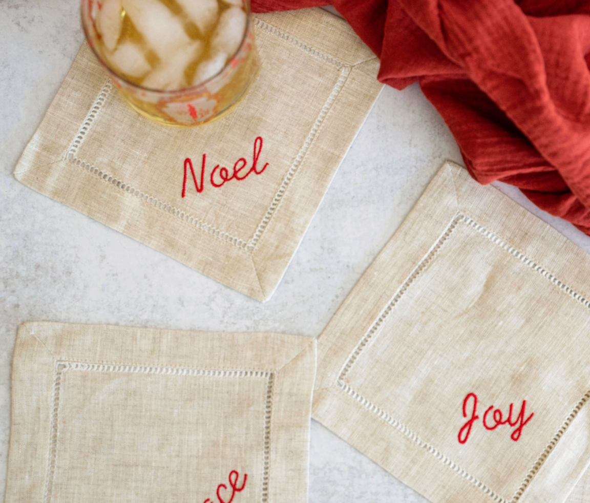 Holiday Word Linen Coasters, Set of Four