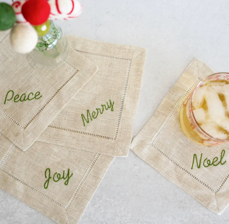 Holiday Word Linen Coasters, Set of Four