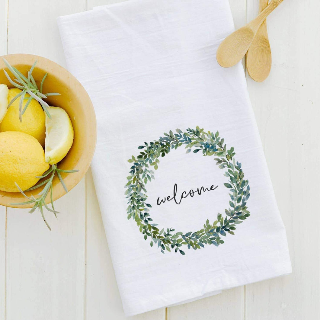 Welcome Boxwood Wreath Cotton Tea Towel