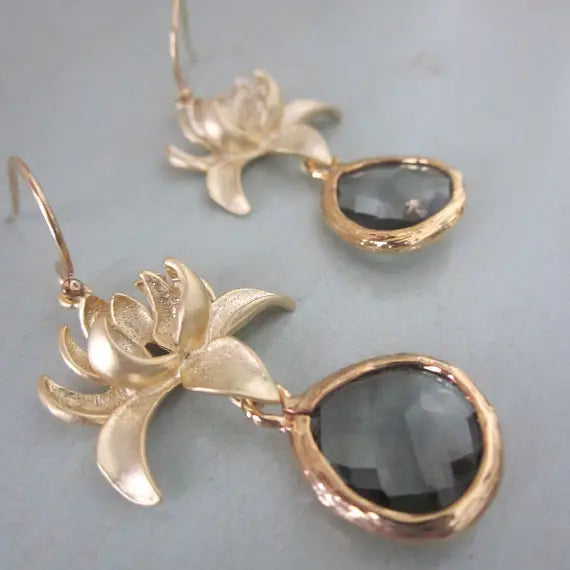 Charcoal Gray Earrings Gold Blossoms